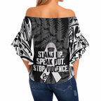White Ribbon Day New Zealand Off Shoulder Wrap Waist Top Respect Women Maori Pattern Black