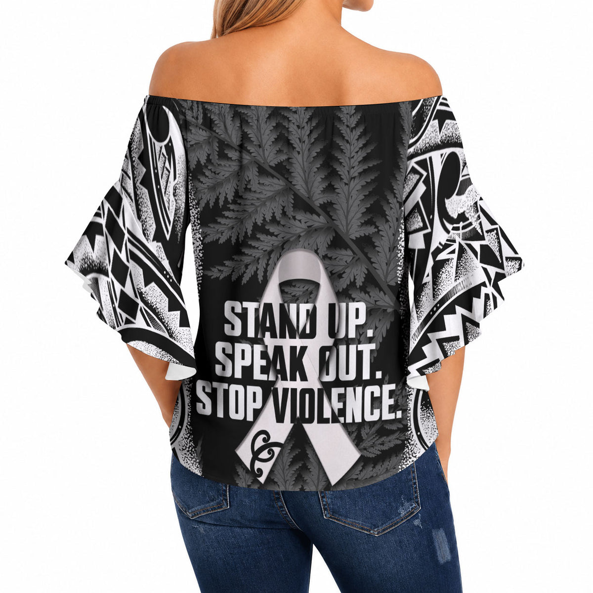 White Ribbon Day New Zealand Off Shoulder Wrap Waist Top Respect Women Maori Pattern Black