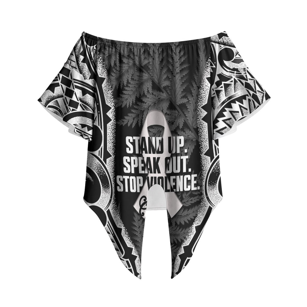 White Ribbon Day New Zealand Off Shoulder Wrap Waist Top Respect Women Maori Pattern Black