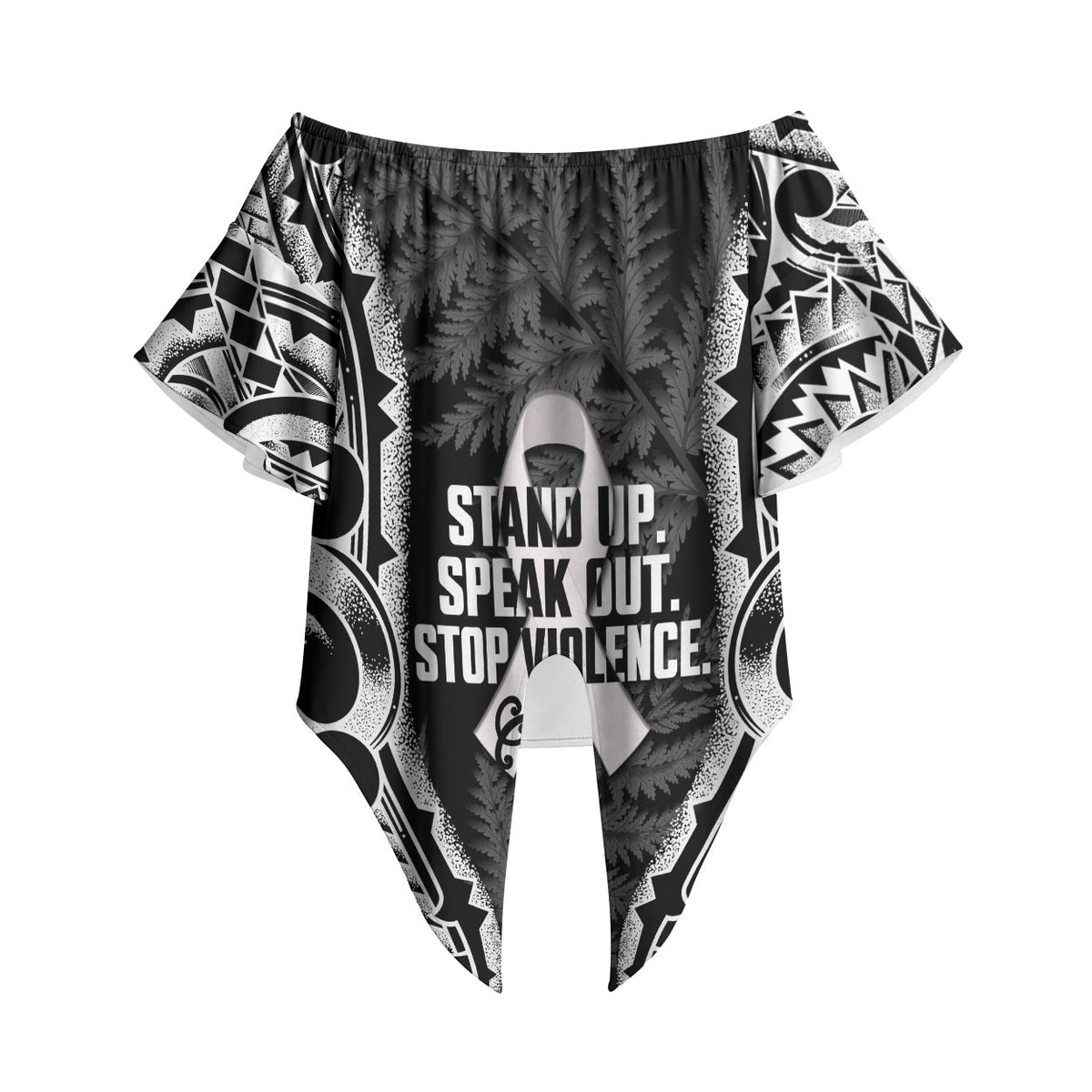 White Ribbon Day New Zealand Off Shoulder Wrap Waist Top Respect Women Maori Pattern Black
