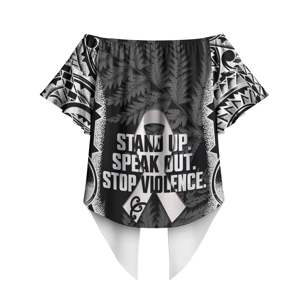 White Ribbon Day New Zealand Off Shoulder Wrap Waist Top Respect Women Maori Pattern Black