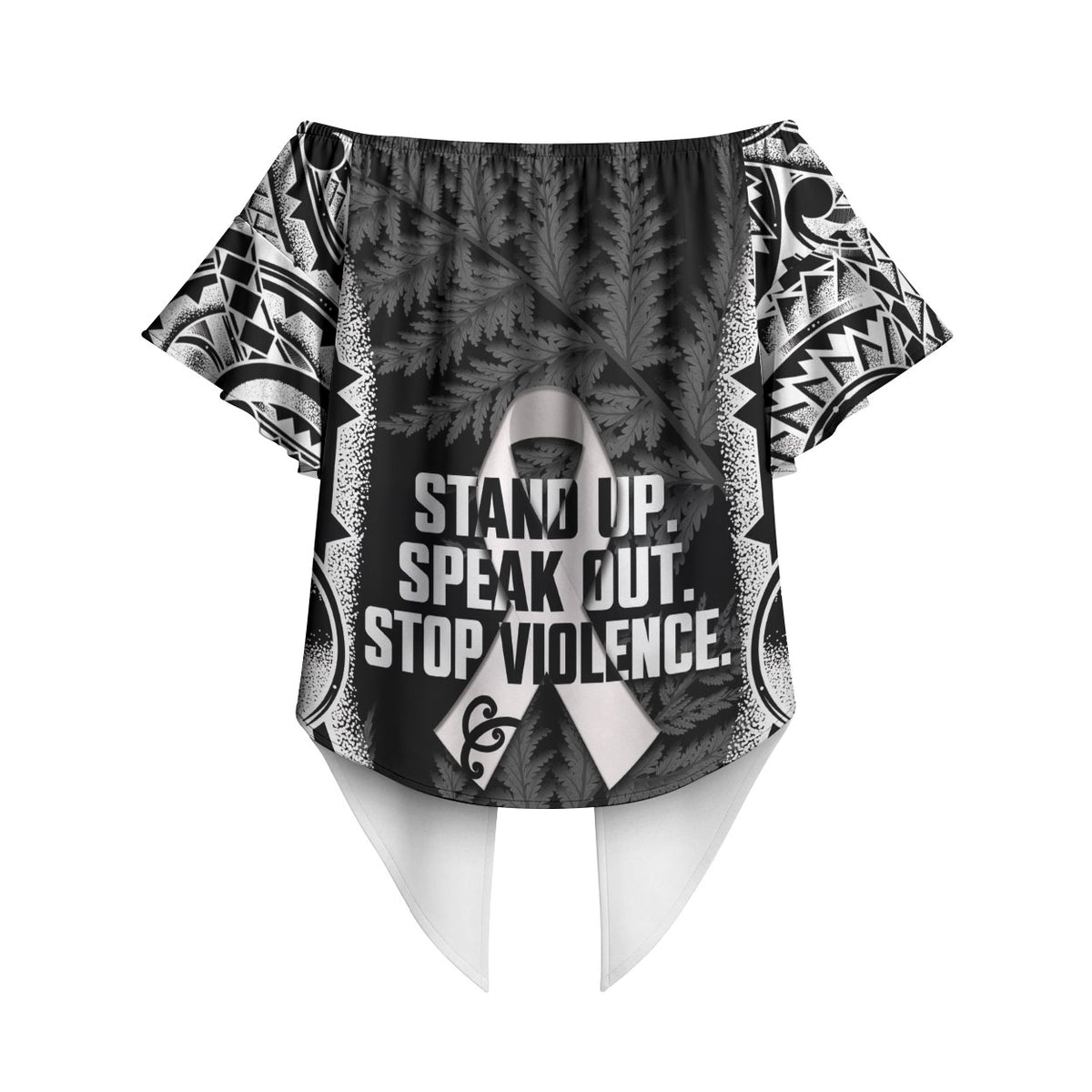 White Ribbon Day New Zealand Off Shoulder Wrap Waist Top Respect Women Maori Pattern Black