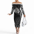 White Ribbon Day New Zealand Off The Shoulder Long Sleeve Dress Respect Women Maori Pattern Black