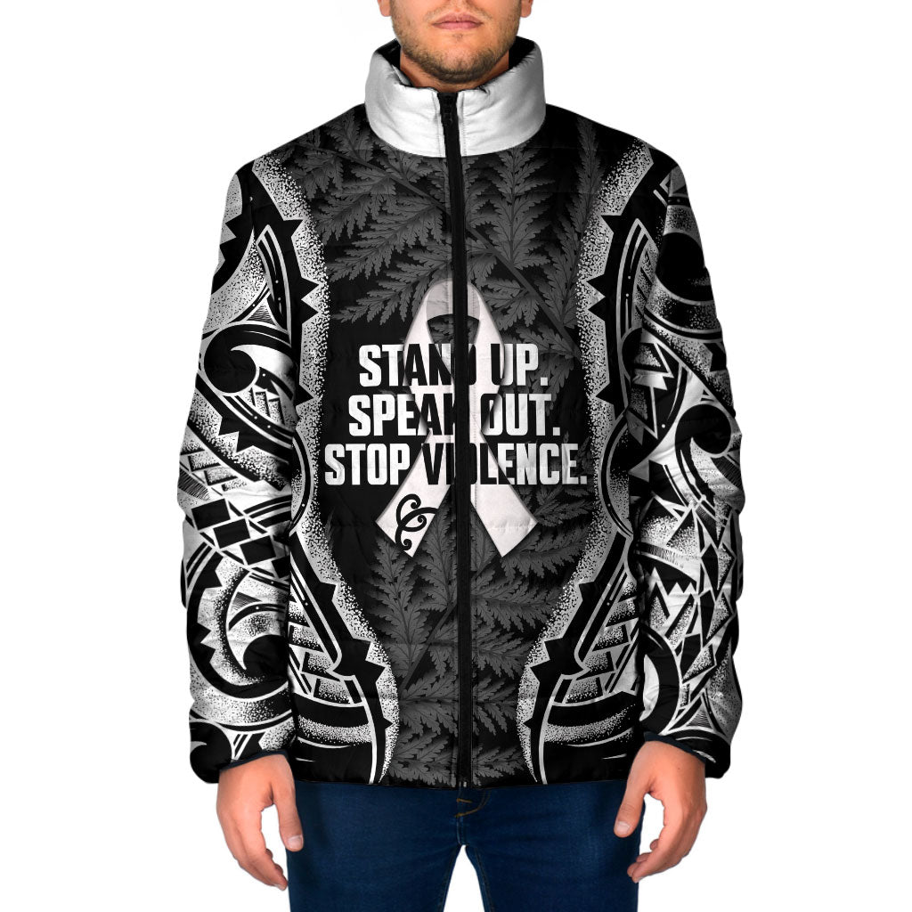 White Ribbon Day New Zealand Padded Jacket Respect Women Maori Pattern Black