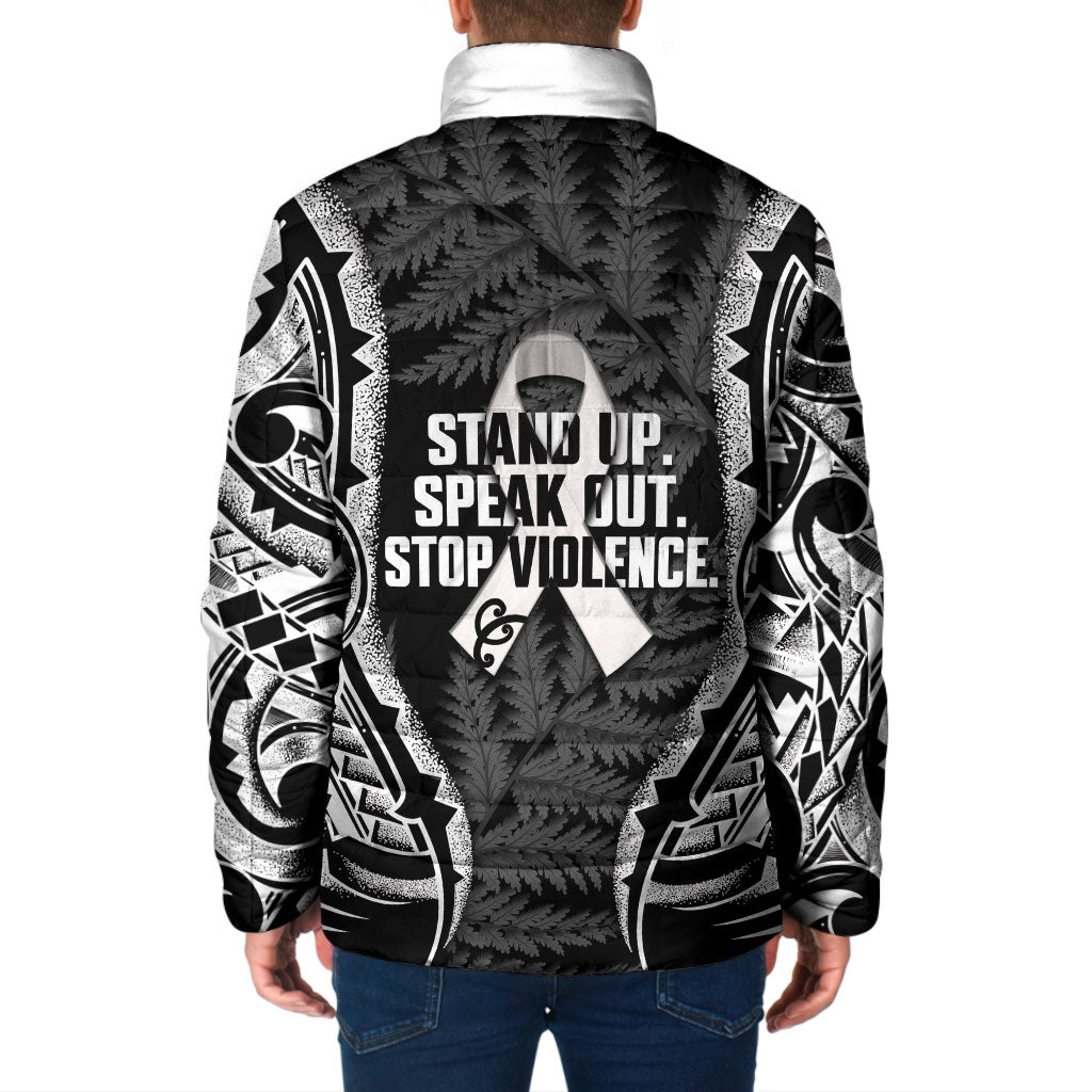 White Ribbon Day New Zealand Padded Jacket Respect Women Maori Pattern Black