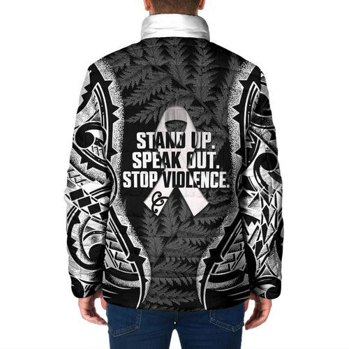 White Ribbon Day New Zealand Padded Jacket Respect Women Maori Pattern Black