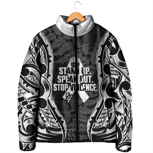White Ribbon Day New Zealand Padded Jacket Respect Women Maori Pattern Black