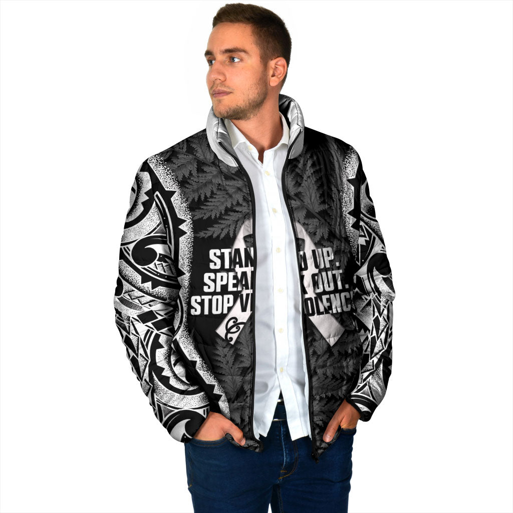 White Ribbon Day New Zealand Padded Jacket Respect Women Maori Pattern Black