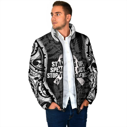 White Ribbon Day New Zealand Padded Jacket Respect Women Maori Pattern Black
