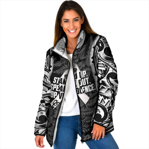 White Ribbon Day New Zealand Padded Jacket Respect Women Maori Pattern Black