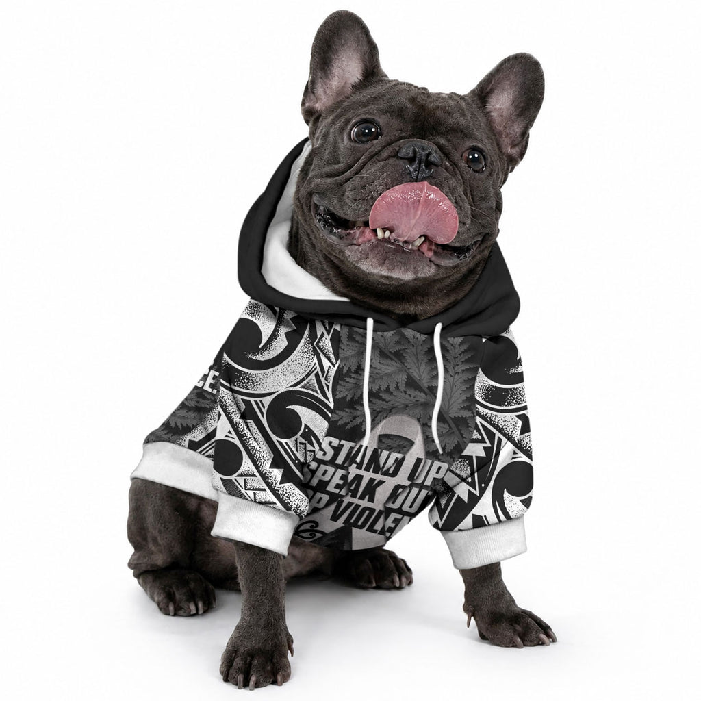 White Ribbon Day New Zealand Pet Hoodie Respect Women Maori Pattern Black