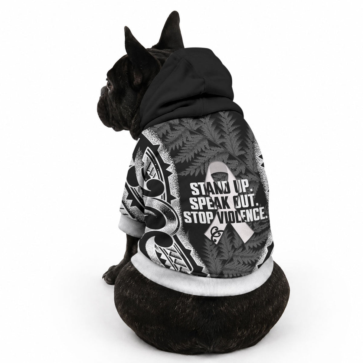 White Ribbon Day New Zealand Pet Hoodie Respect Women Maori Pattern Black