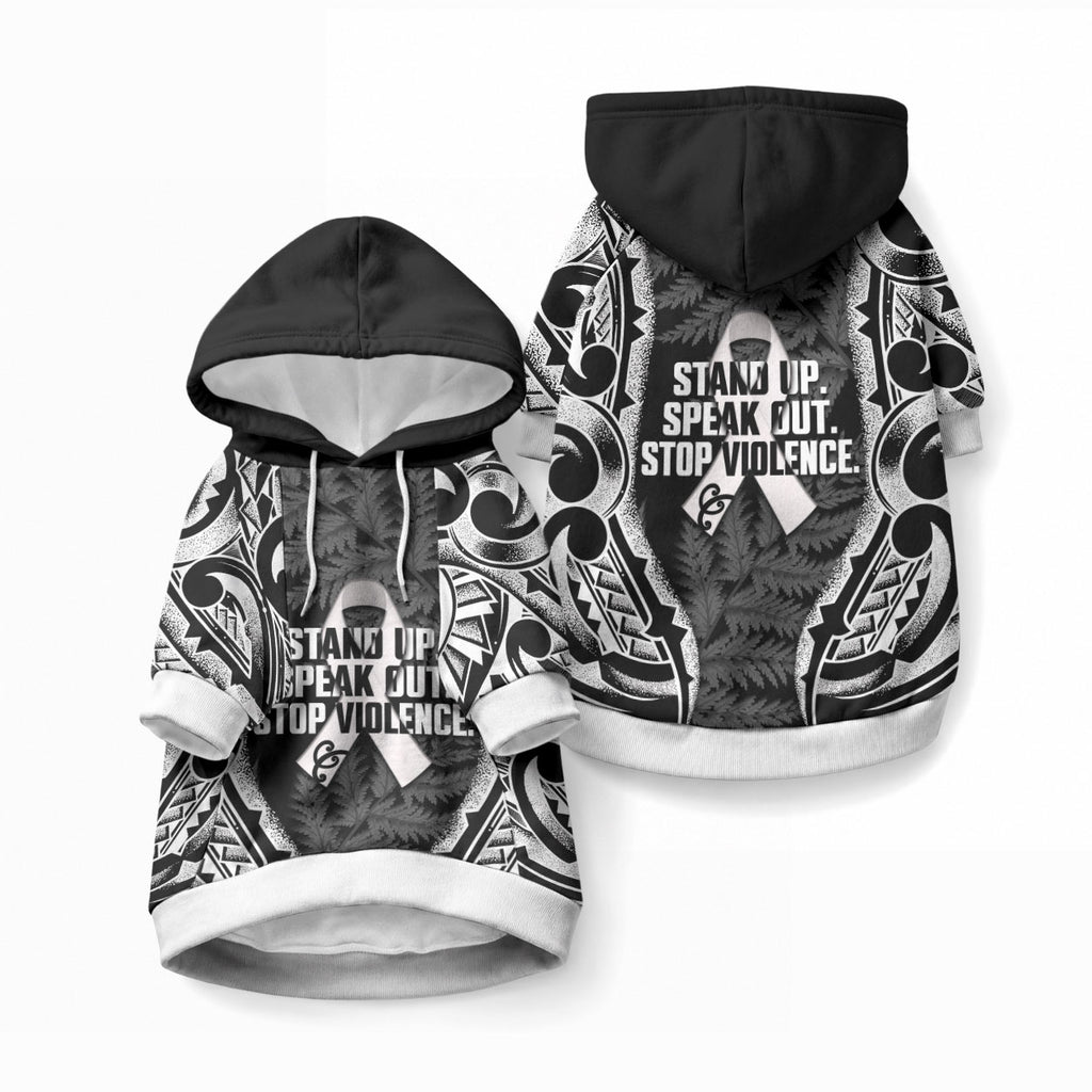White Ribbon Day New Zealand Pet Hoodie Respect Women Maori Pattern Black