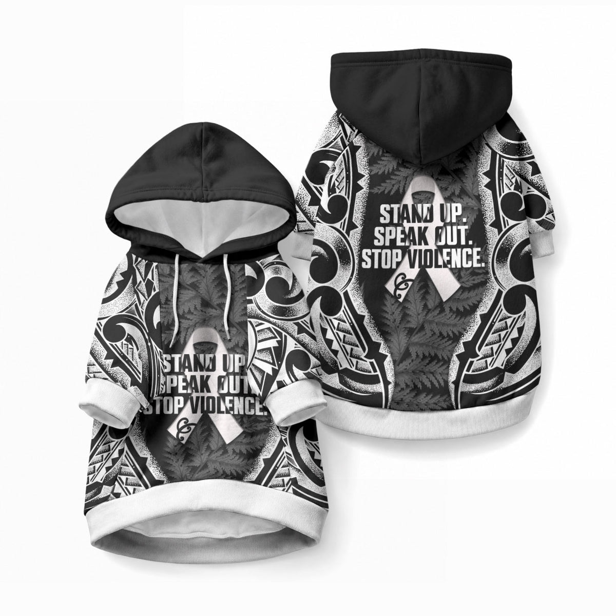 White Ribbon Day New Zealand Pet Hoodie Respect Women Maori Pattern Black