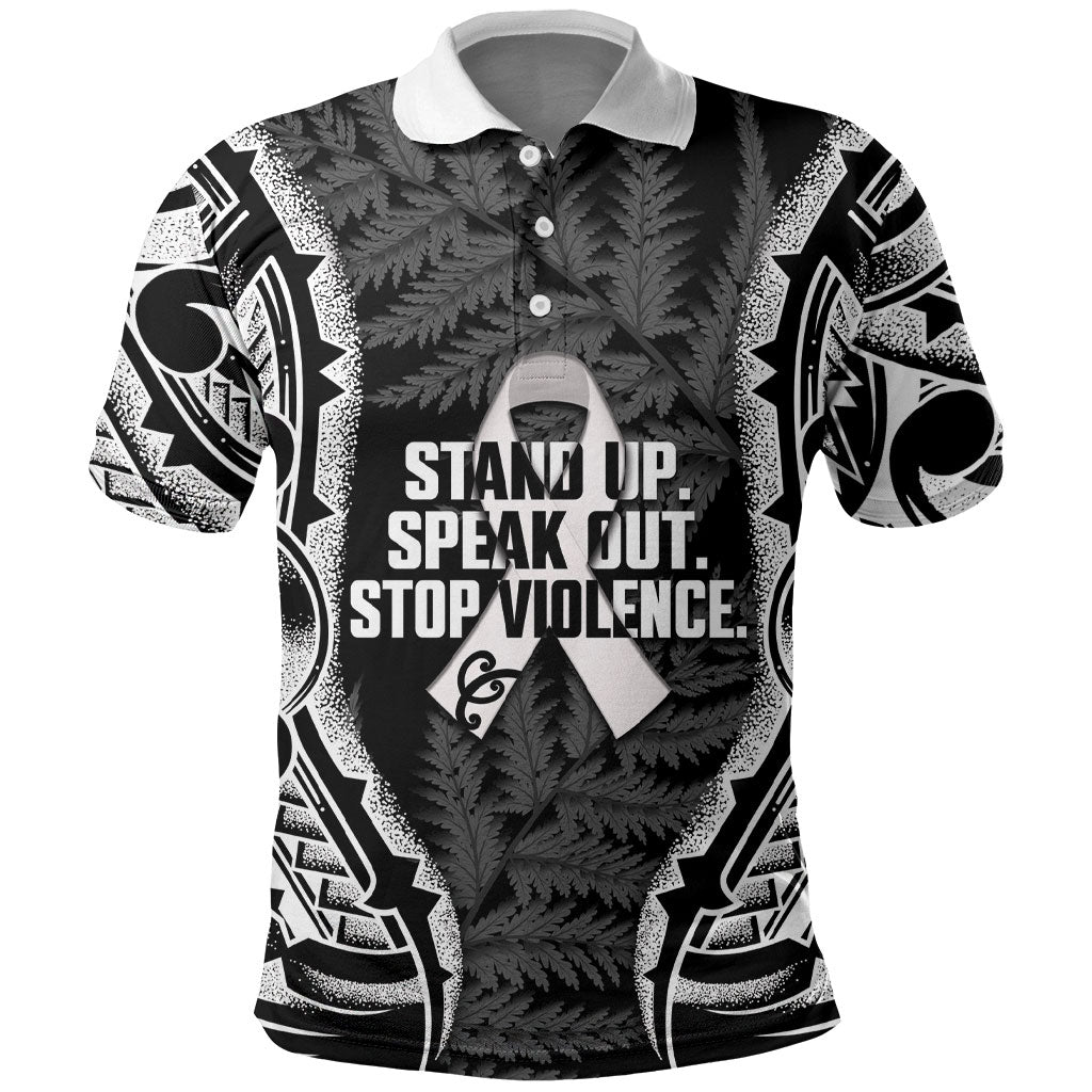 White Ribbon Day New Zealand Polo Shirt Respect Women Maori Pattern Black