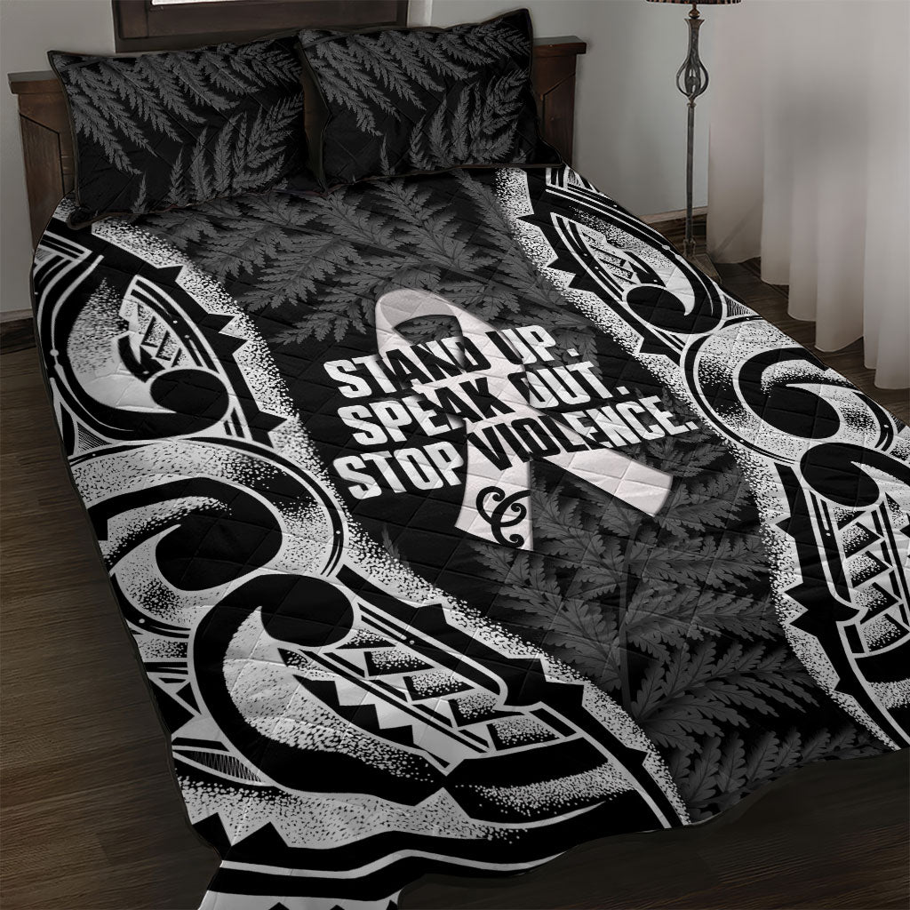 White Ribbon Day New Zealand Quilt Bed Set Respect Women Maori Pattern Black
