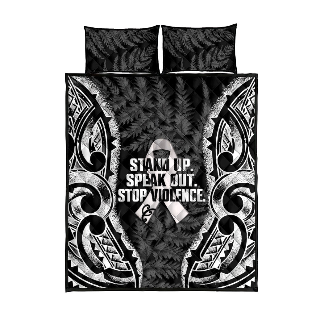 White Ribbon Day New Zealand Quilt Bed Set Respect Women Maori Pattern Black