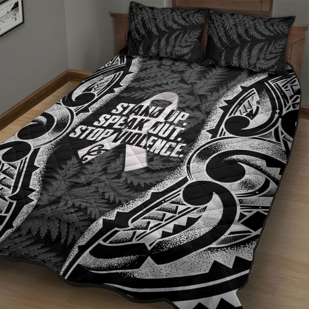 White Ribbon Day New Zealand Quilt Bed Set Respect Women Maori Pattern Black