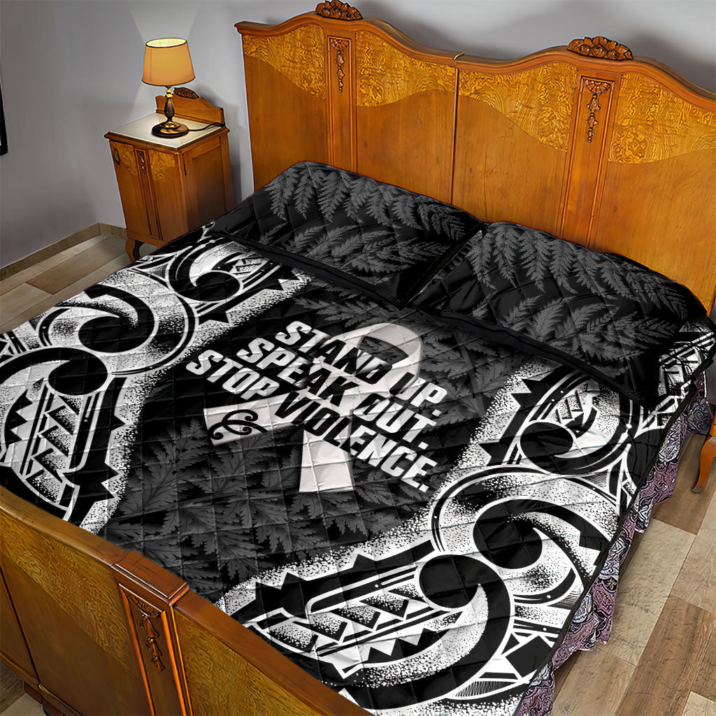 White Ribbon Day New Zealand Quilt Bed Set Respect Women Maori Pattern Black