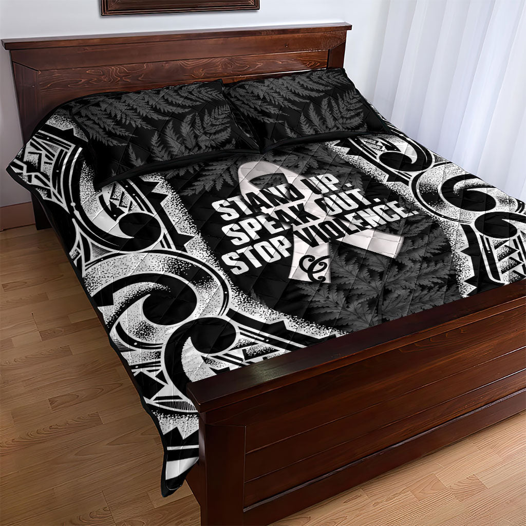 White Ribbon Day New Zealand Quilt Bed Set Respect Women Maori Pattern Black