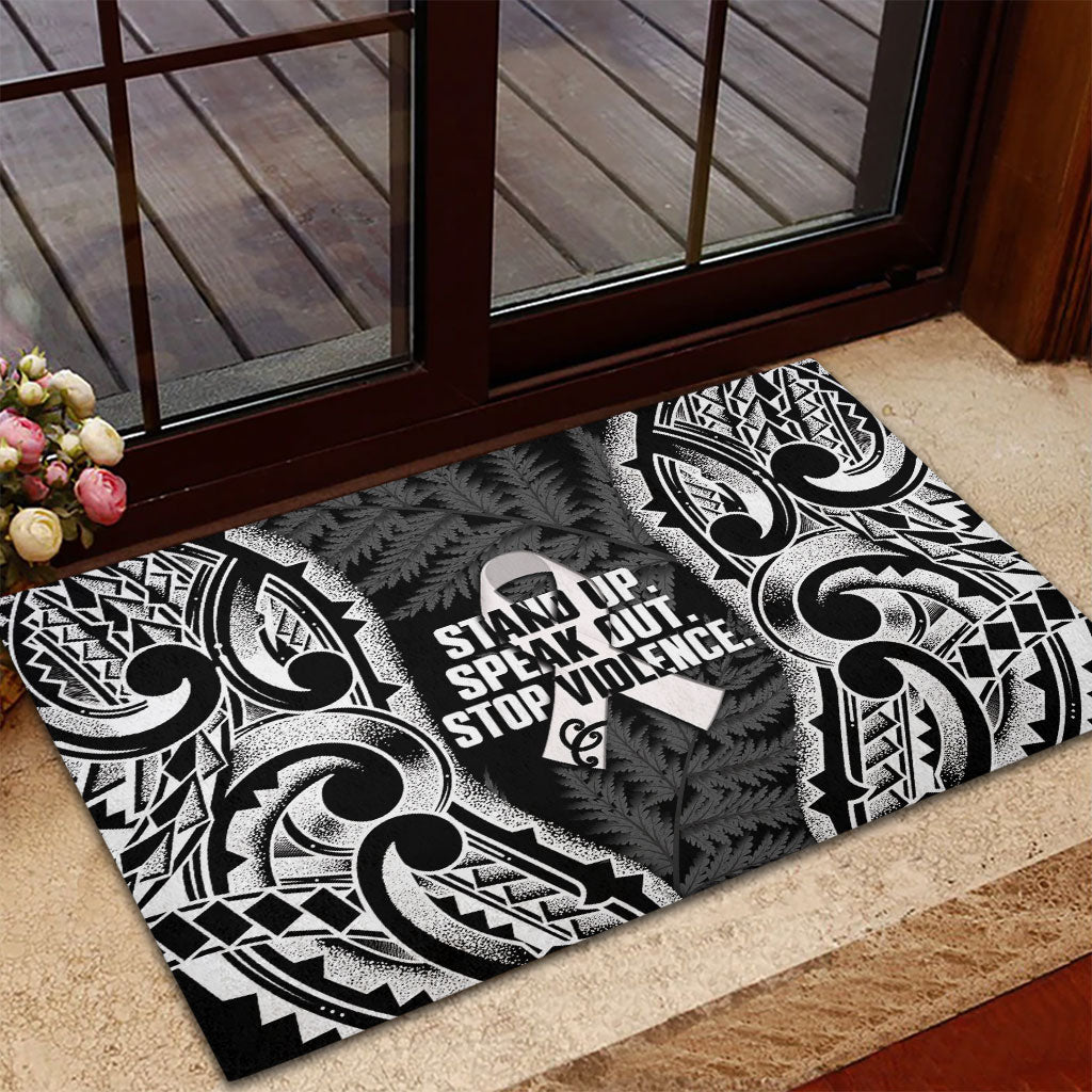 White Ribbon Day New Zealand Rubber Doormat Respect Women Maori Pattern Black