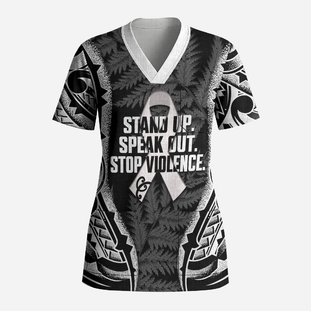White Ribbon Day New Zealand Scrub Top Respect Women Maori Pattern Black