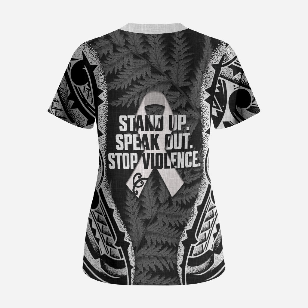 White Ribbon Day New Zealand Scrub Top Respect Women Maori Pattern Black