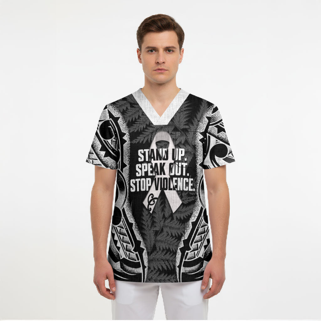 White Ribbon Day New Zealand Scrub Top Respect Women Maori Pattern Black