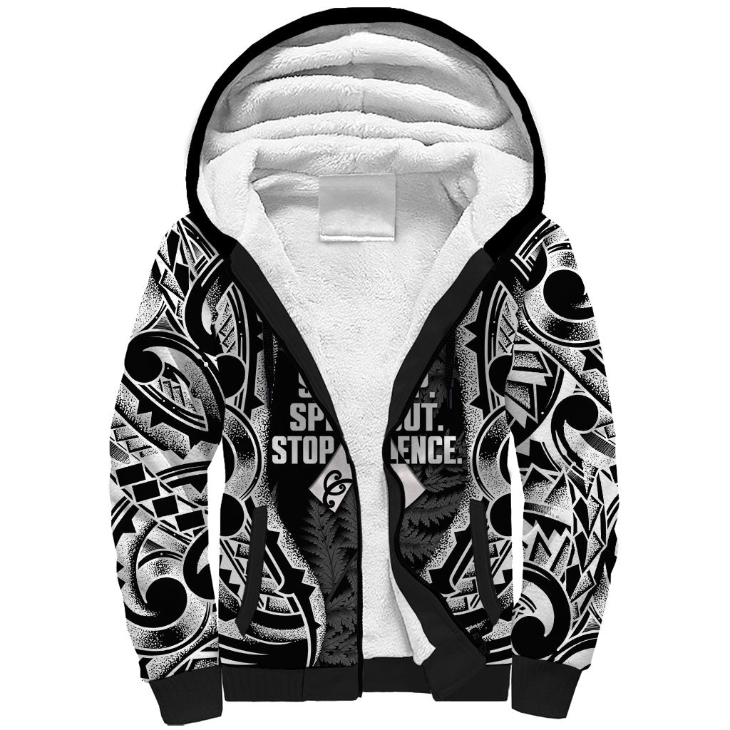 White Ribbon Day New Zealand Sherpa Hoodie Respect Women Maori Pattern Black