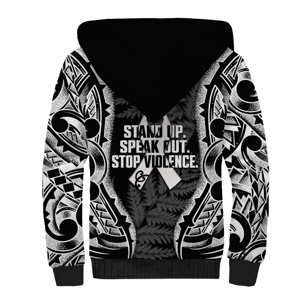 White Ribbon Day New Zealand Sherpa Hoodie Respect Women Maori Pattern Black