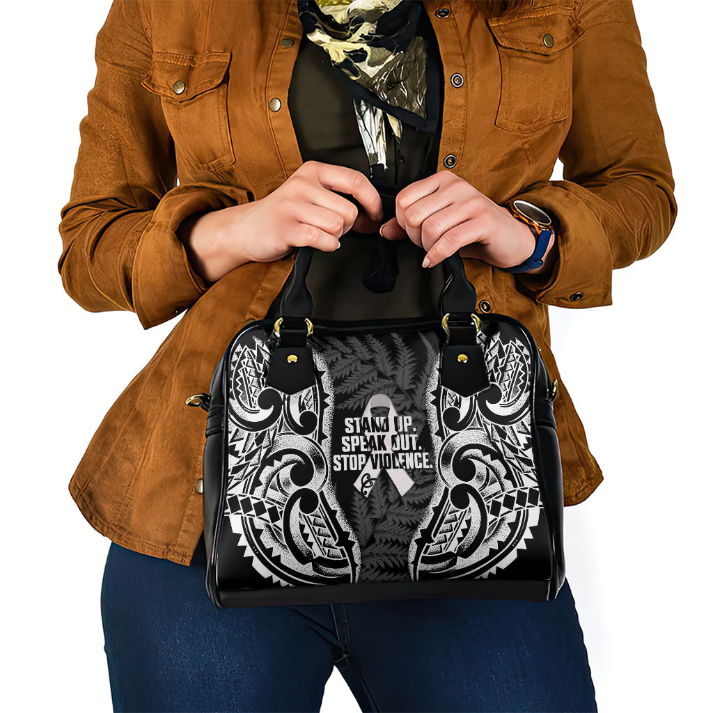 White Ribbon Day New Zealand Shoulder Handbag Respect Women Maori Pattern Black
