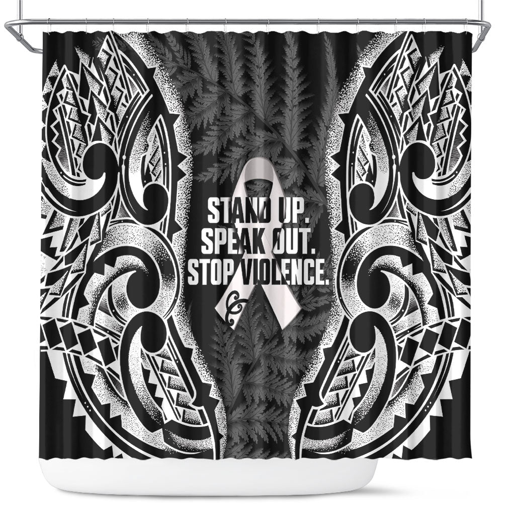 White Ribbon Day New Zealand Shower Curtain Respect Women Maori Pattern Black