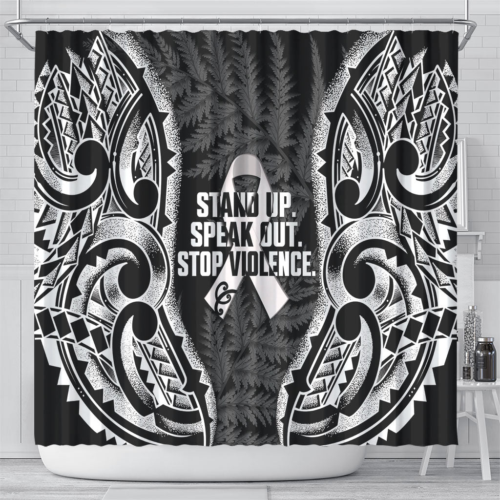 White Ribbon Day New Zealand Shower Curtain Respect Women Maori Pattern Black