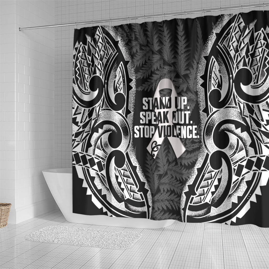 White Ribbon Day New Zealand Shower Curtain Respect Women Maori Pattern Black
