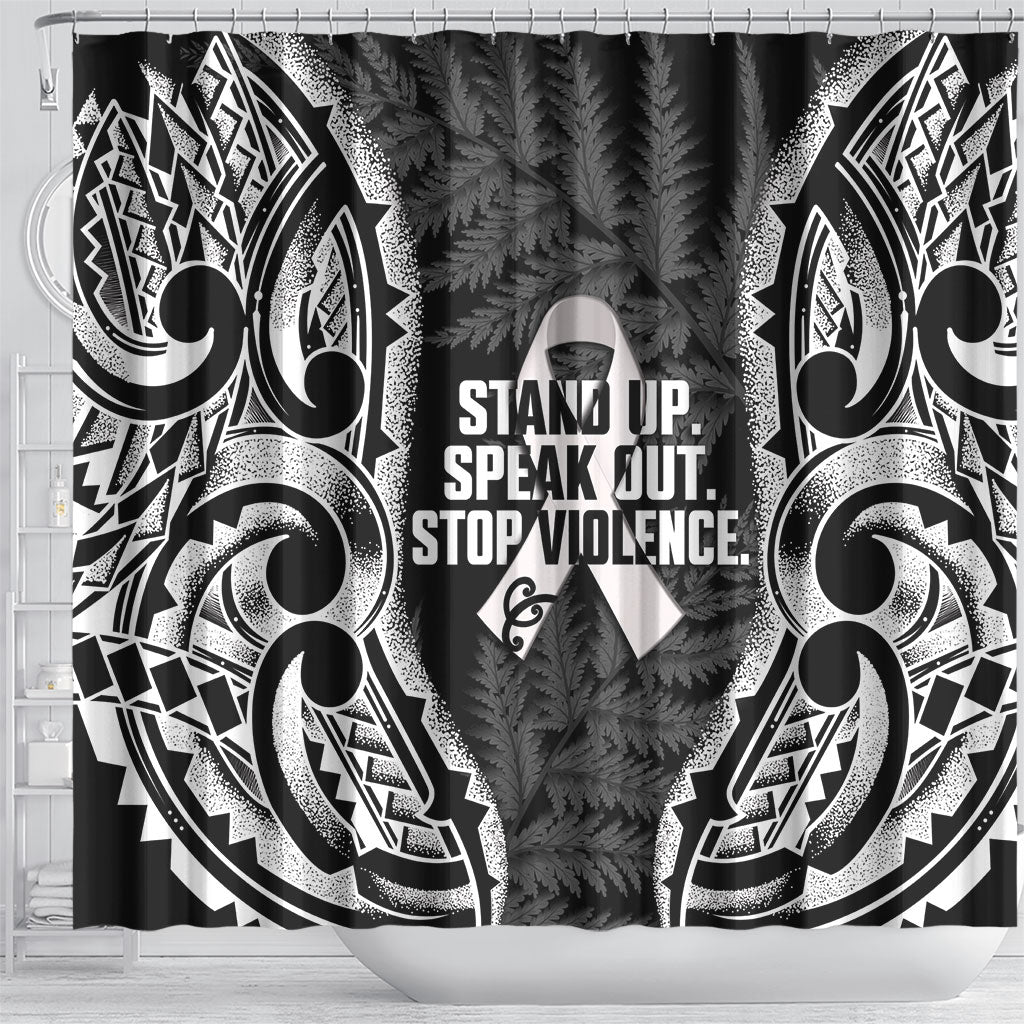 White Ribbon Day New Zealand Shower Curtain Respect Women Maori Pattern Black