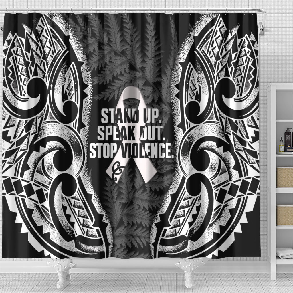 White Ribbon Day New Zealand Shower Curtain Respect Women Maori Pattern Black