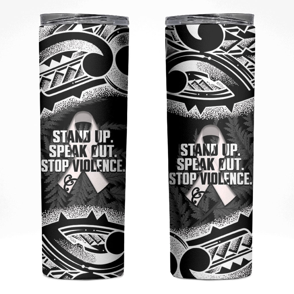 White Ribbon Day New Zealand Skinny Tumbler Respect Women Maori Pattern Black