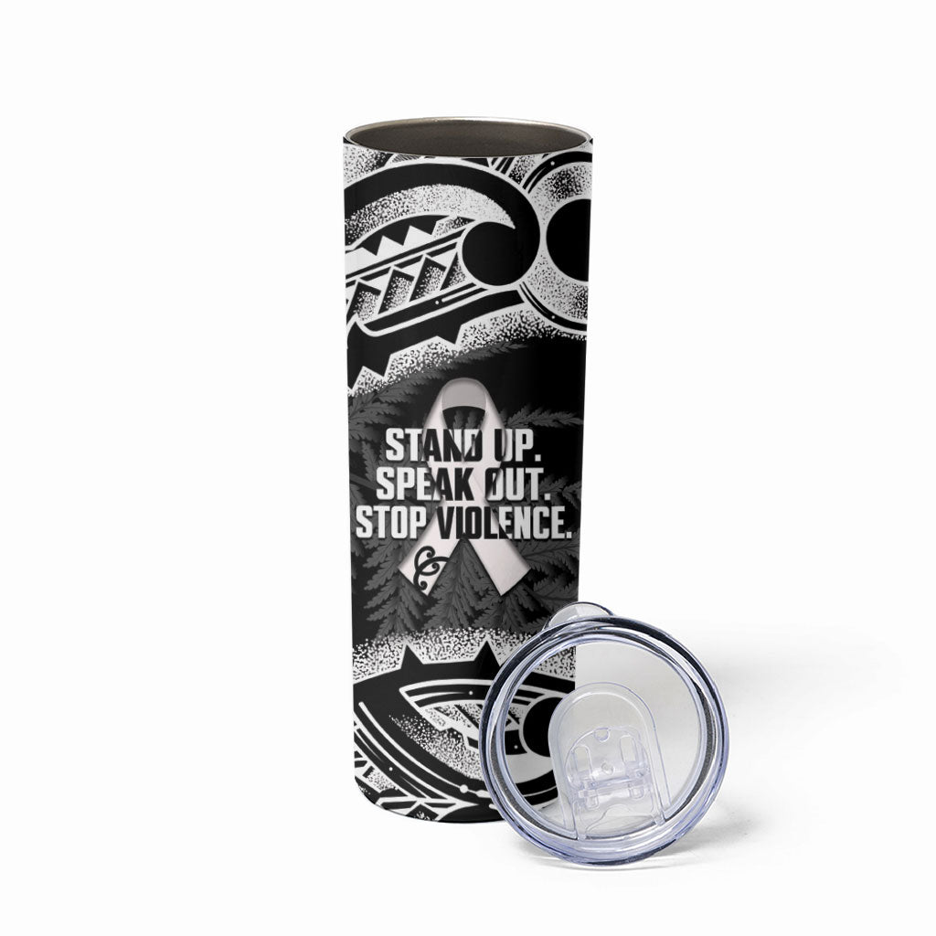 White Ribbon Day New Zealand Skinny Tumbler Respect Women Maori Pattern Black