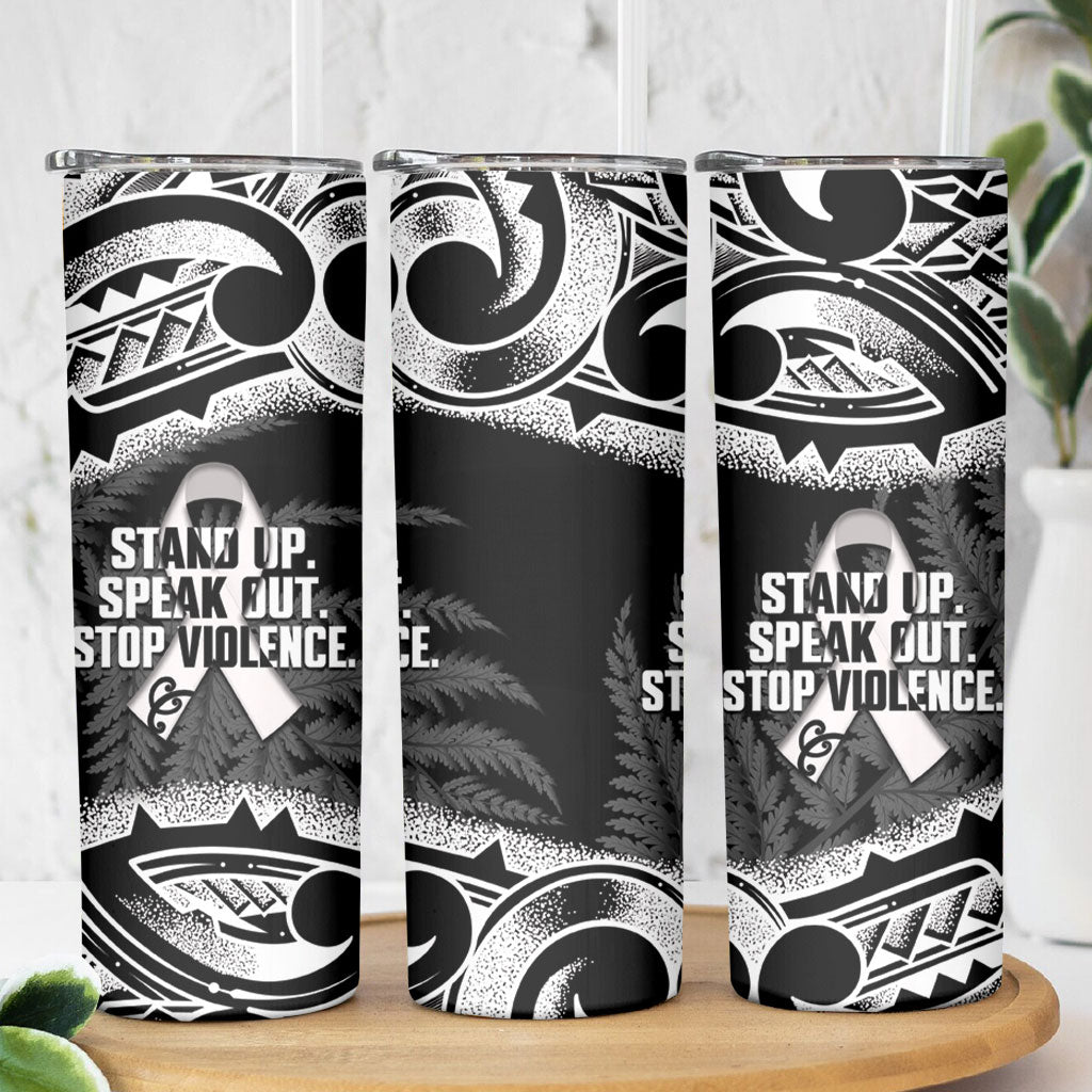 White Ribbon Day New Zealand Skinny Tumbler Respect Women Maori Pattern Black