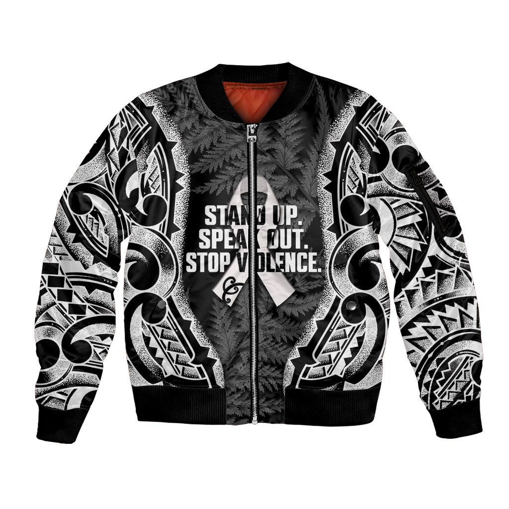White Ribbon Day New Zealand Sleeve Zip Bomber Jacket Respect Women Maori Pattern Black