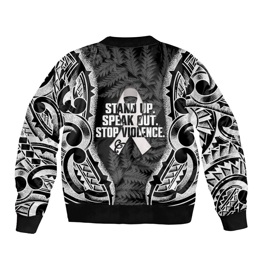 White Ribbon Day New Zealand Sleeve Zip Bomber Jacket Respect Women Maori Pattern Black