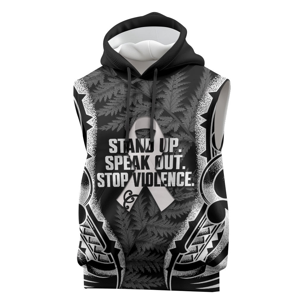 White Ribbon Day New Zealand Sleeveless Hoodie Respect Women Maori Pattern Black
