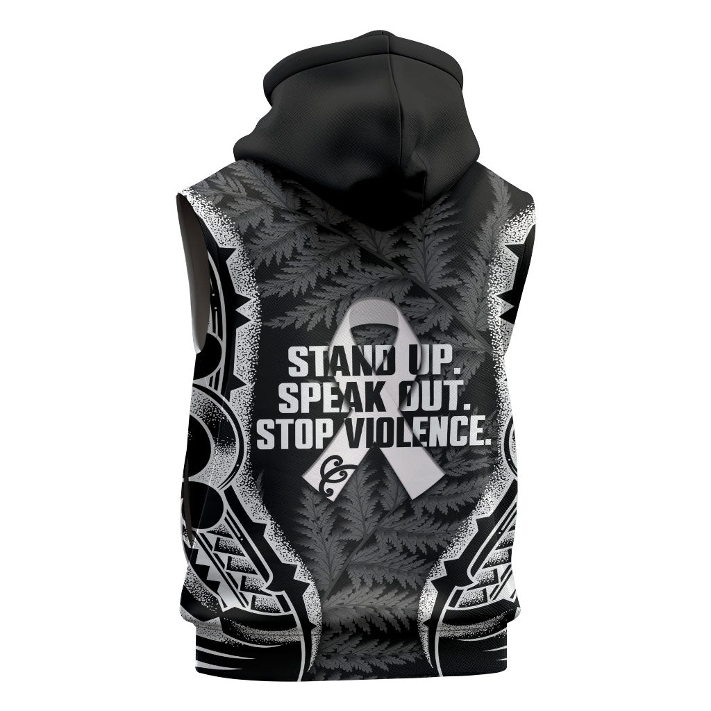 White Ribbon Day New Zealand Sleeveless Hoodie Respect Women Maori Pattern Black