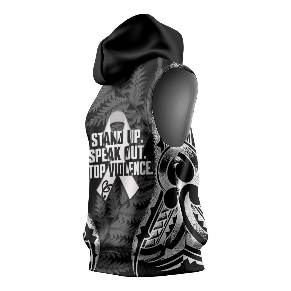 White Ribbon Day New Zealand Sleeveless Hoodie Respect Women Maori Pattern Black