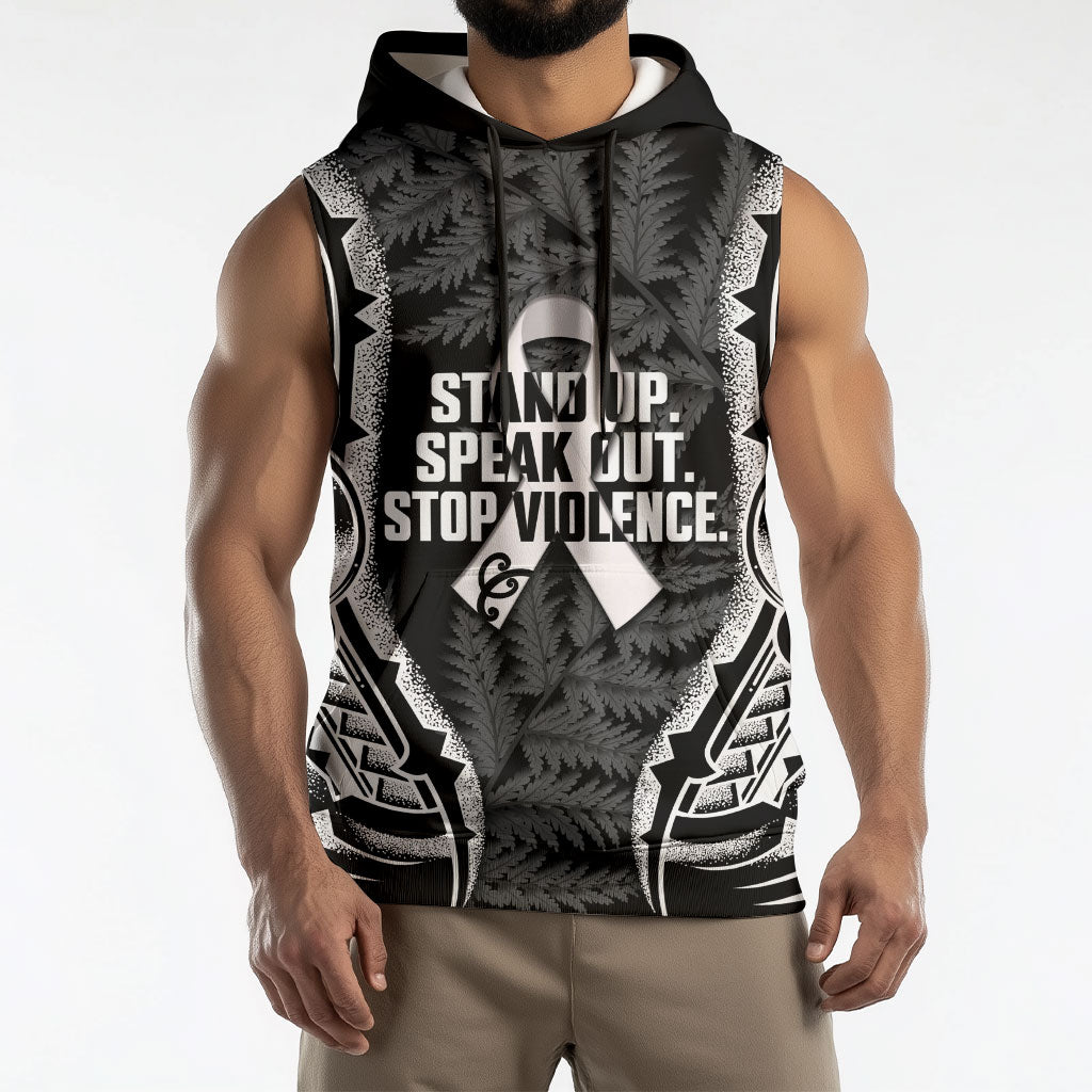 White Ribbon Day New Zealand Sleeveless Hoodie Respect Women Maori Pattern Black