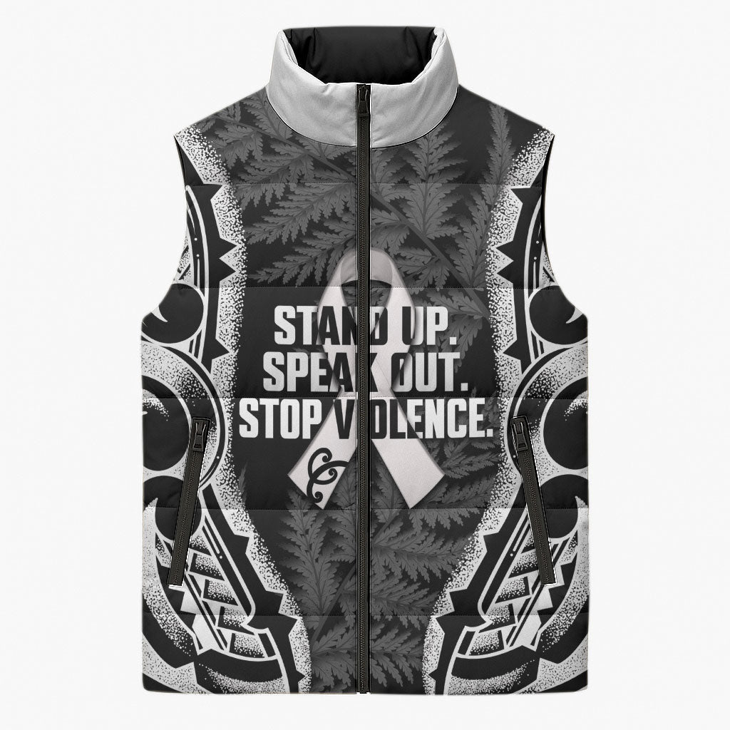 White Ribbon Day New Zealand Sleeveless Puffer Jacket Respect Women Maori Pattern Black