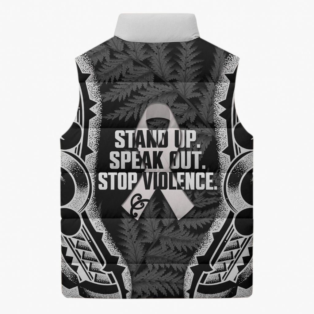 White Ribbon Day New Zealand Sleeveless Puffer Jacket Respect Women Maori Pattern Black
