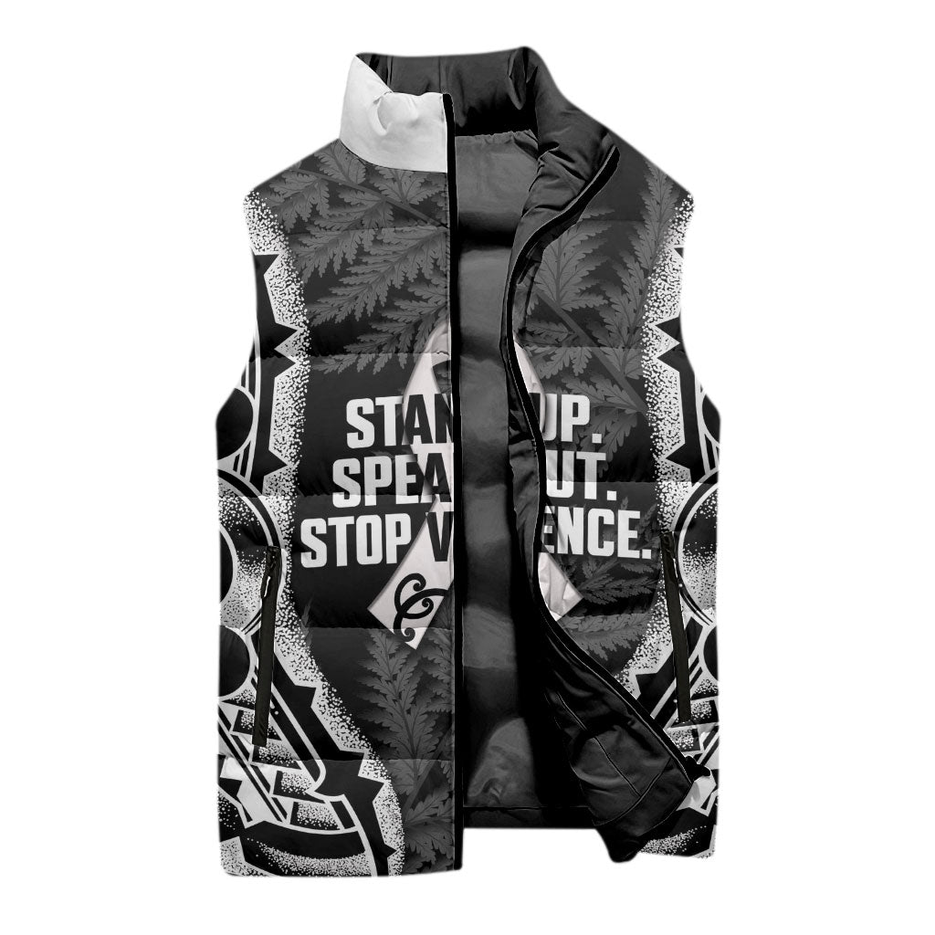 White Ribbon Day New Zealand Sleeveless Puffer Jacket Respect Women Maori Pattern Black