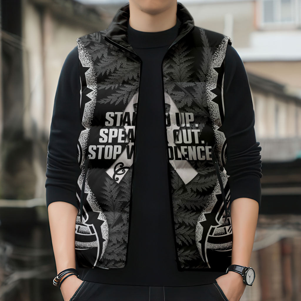 White Ribbon Day New Zealand Sleeveless Puffer Jacket Respect Women Maori Pattern Black