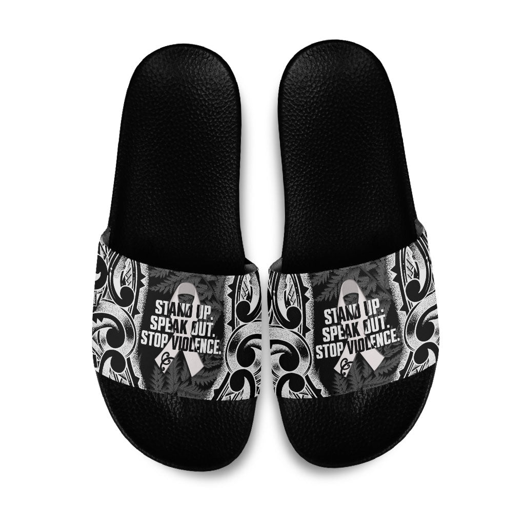White Ribbon Day New Zealand Slide Sandals Respect Women Maori Pattern Black